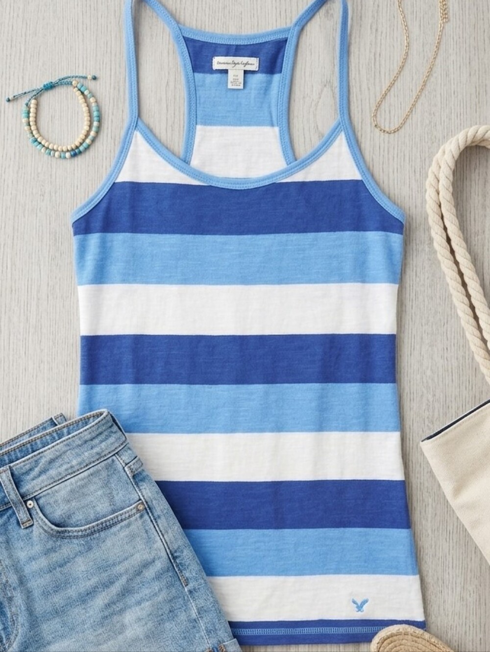 American Eagle Outfitters Blue & White Horizontal Stripe Racerback Tank